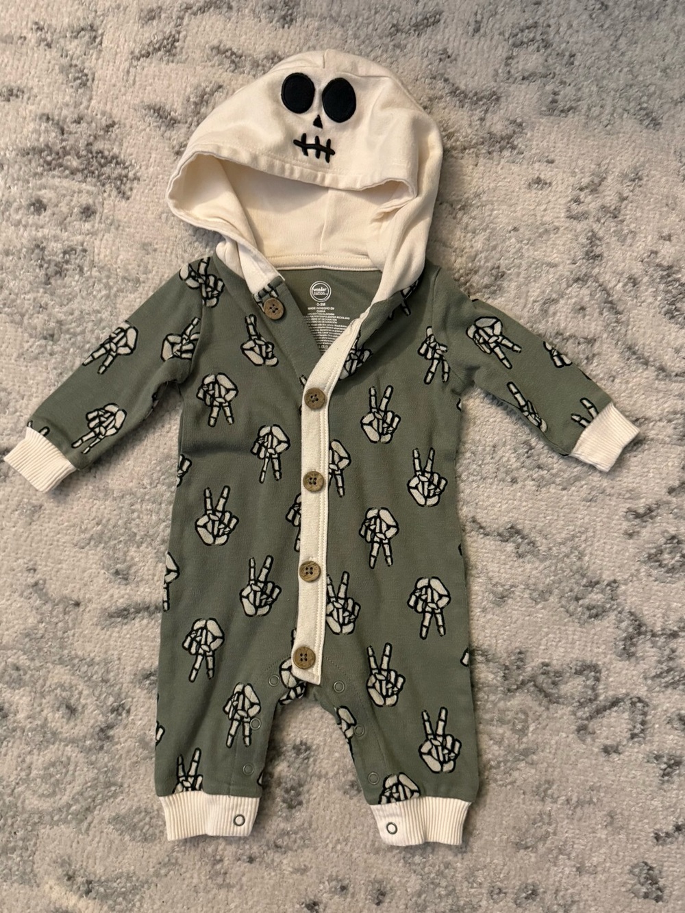 Baby 0-3 Month Olive Green Hooded One-Piece with Skull Detail